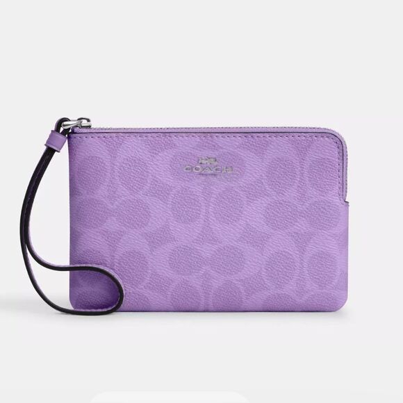 Corner Zip Wristlet In Signature Canvas Silver Iris Wallet Bag Purse - Picture 8 of 10